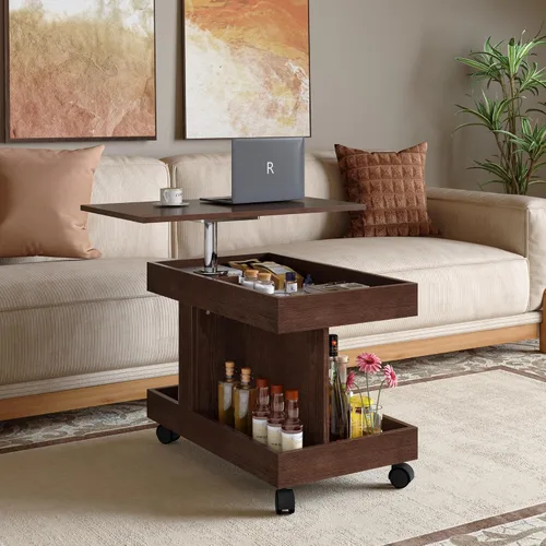 Vista 19 de Mesa auxiliar elevable con almacenamiento, moderna mesa central de 42 pulgadas con tres paneles de almacenamiento ocultos y estriados, elevación