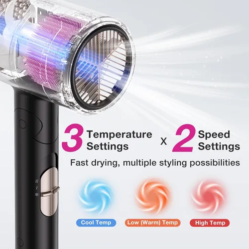 Vista 6 de BABONIR 1875W Hair Dryer with Diffuser, Ionic Foldable Blow Dryer, Black Fast Drying for All Hair Types, 3 Heat & 2 Speed, Concentrator &