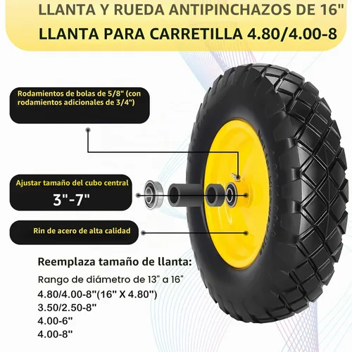 Vista 4 de Neumático y rueda sólidos para carretilla 4.80/4.00-8, neumático sin aire de 16" con cubo centrado de 3", rodamientos de 5/8" y 3/4", compatible
