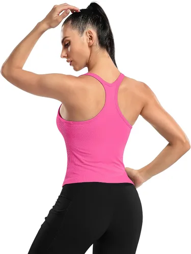 Vista 33 de ATTRACO Camiseta corta acanalada de entrenamiento para mujer con brasier integrado para yoga, espalda cruzada, ajuste ajustado