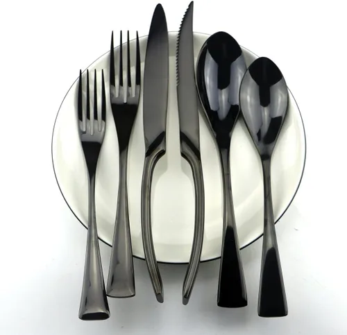 Vista 4 de Juego de cubiertos de acero inoxidable negro pulido con espejo, cuchillo de carne, tenedor, tenedor de ensalada, cuchara de postre, 24 piezas