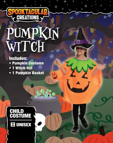 Vista 6 de Spooktacular Creations Disfraz unisex de calabaza de bruja grande para niños con canasta de juguetes, sombrero de bruja para niños pequeños, fiesta