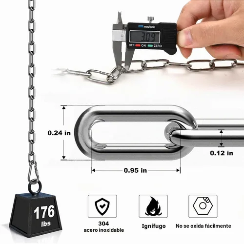 Vista 2 de Cadena de eslabones de acero inoxidable de 1/8 pulgadas, cadena de bobina de acero inoxidable 304 resistente con mosquetones, 2 cadenas de seguridad