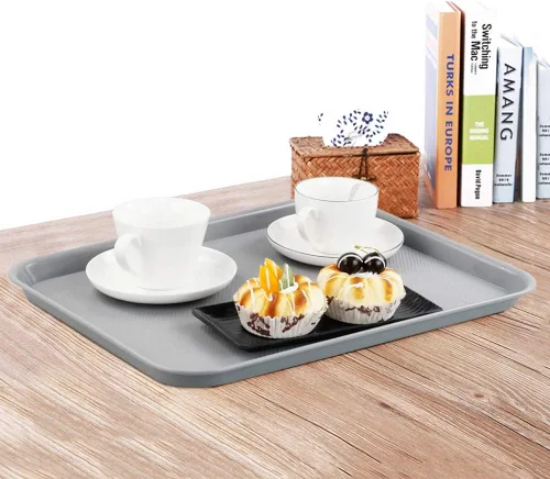 Vista 5 de Gloreen Juego de 4 bandejas rectangulares de comida rápida, bandejas de café estándar para cafetería, color gris