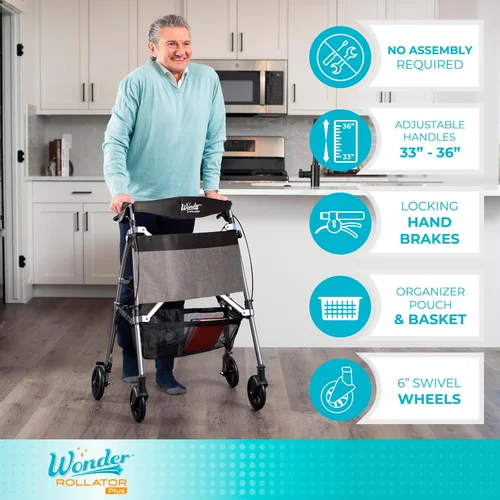 Vista 5 de Stander Wonder Andador Plus, Andador plegable de movilidad rodante ligero, Andador EZ Fold-N-Go para personas mayores y adultos, ruedas de 6