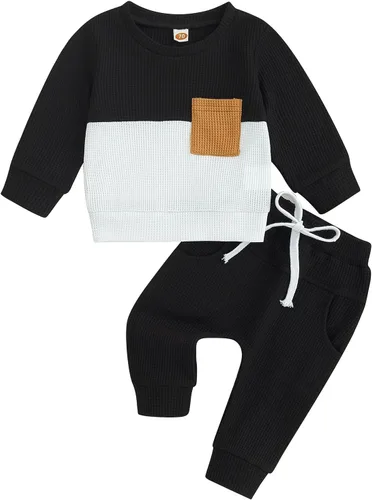 Vista 52 de Conjunto de 2 piezas de ropa para bebé y niño, sudadera con cuello redondo con letras y pantalones casuales de otoño e invierno B Negro-marrón