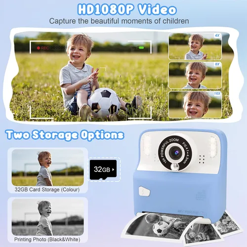 Vista 4 de Amzelas Cámara de impresión instantánea para niños, cámara portátil de juguetes para niños pequeños, imprime fotos en blanco y negro al instante
