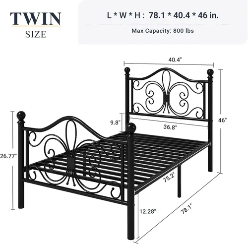 Vista 2 de Allewie Marco de cama de tamaño individual para niños, marco de cama de metal con cabecero y piecero de diseño de patrón de mariposa, no necesita