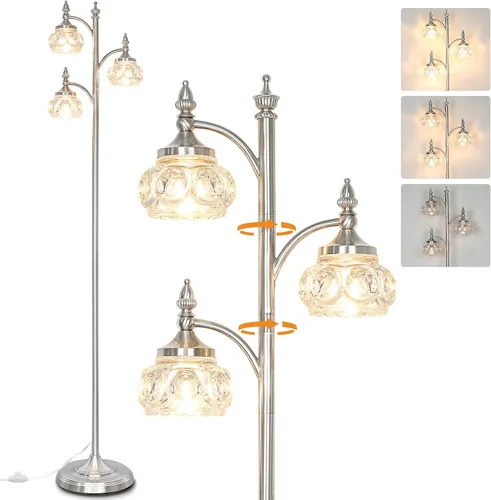 Vista 11 de JUNNAI Lámparas de pie negras para sala de estar, lámparas de pie de 66.5 pulgadas con pantalla de cristal, luces de brillo de 3 vías, lámpara