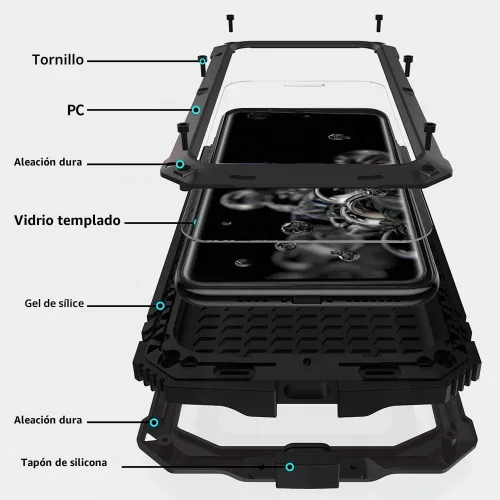 Vista 3 de Simicoo Funda de metal compatible con Samsung Note 20 Ultra con protector de pantalla militar, resistente a prueba de golpes, con soporte para Negro