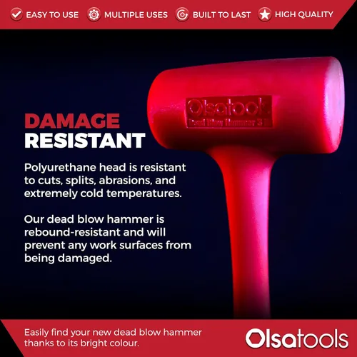 Vista 4 de Olsa Tools Martillo de soplado muerto - 3 libras - Cabeza de poliuretano que no se daña - Resistente al rebote - Mazo de cara suave absorbente