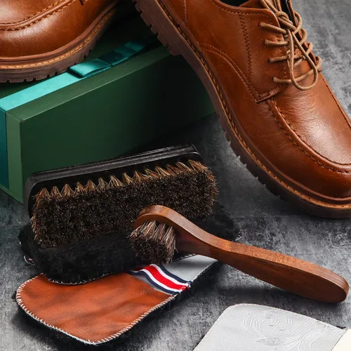 Vista 7 de Kit de 4 cepillos para zapatos de pelo de caballo, aplicadores de limpieza de piel, botas, cepillos de cuidado, cepillo limpiador de gamuza