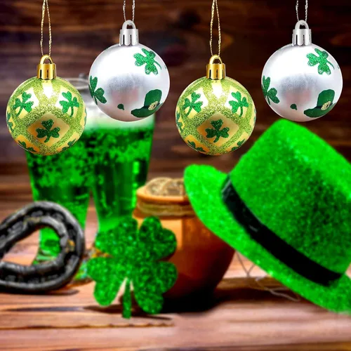 Vista 3 de Iceyyyy 12 adornos de bola colgante de San Patricio, adorno de bola envuelta de tela de 2 pulgadas, bola de trébol de buena suerte y bola
