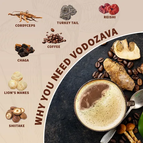 Vista 3 de Café instantáneo de hongos en polvo Extracto de café expreso con melena de leones Chaga cola de pavo Shiitake Cordyceps Reishi 20 porciones