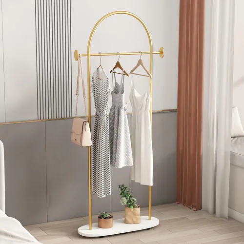 Vista 7 de Perchero de ropa dorado con estantes, perchero dorado independiente con base de mármol, perchero con árbol para sombreros y ropa de pie
