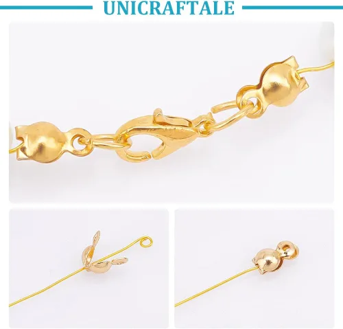Vista 4 de UNICRAFTALE 120 puntas de cuentas doradas, cubiertas de nudo, extremos de calotte de acero inoxidable, cubiertas de nudo de concha abiertas, puntas