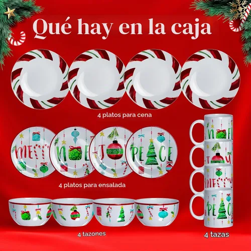 Vista 4 de American Atelier Juego de vajilla de gres con temática navideña de 16 piezas - Verde/Rojo