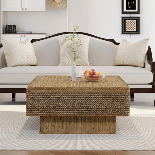 Vista 3 de Mesa auxiliar cuadrada de 31.52 pulgadas con almacenamiento, ratán natural y cuerda de cáñamo, función ajustable, mesa central vintage de granja