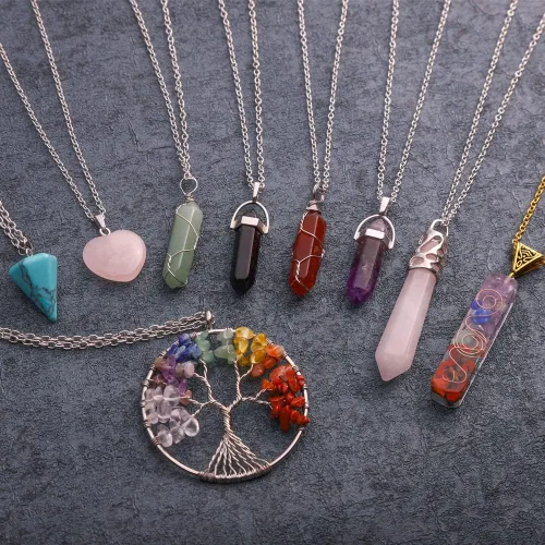 Vista 5 de GISENHONY Collar de cristal con colgante de árbol de la vida, colgante hexagonal de chakras, piedra curativa espiritual, joyería de piedras
