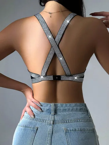 Vista 3 de GORGLITTER Bralette de punto acanalado con cinta con purpurina para mujer