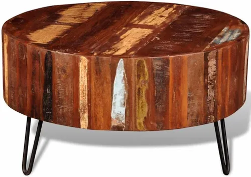 Vista 7 de vidaXL Mesa auxiliar, mesa auxiliar redonda con patas de hierro, mesa de sofá decorativa para sala de estar, dormitorio, industrial, madera maciza