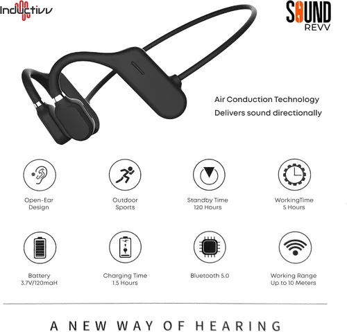 Vista 2 de Inductivv - Auriculares de conducción ósea con sonido Revv, auriculares abiertos inalámbricos Bluetooth para correr con micrófono, IP56