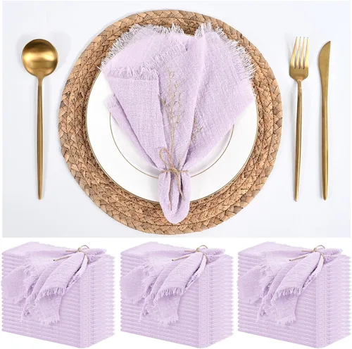 Vista 24 de Paquete de 12 servilletas de lino y algodón beige de 16 x 16 pulgadas, hechas a mano con flecos, servilletas de tela suave, lavables y rústicas