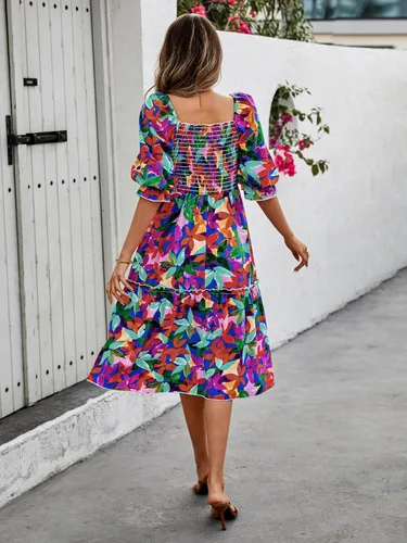 Vista 3 de PRETTYGARDEN Vestido midi casual de verano para mujer, manga abombada, cuello cuadrado, acampanado, bohemio, floral, fruncido