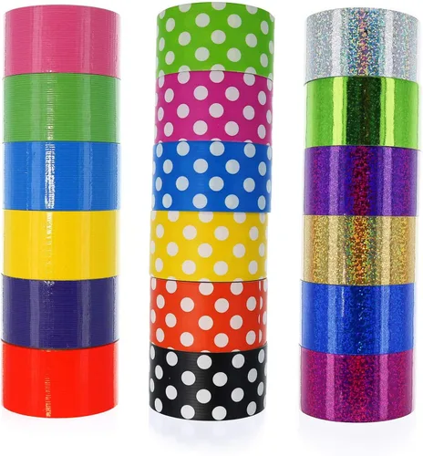 Vista 7 de GiftExpress 18 cintas adhesivas de colores surtidos, cintas holográficas de lunares – Cintas de colores brillantes multiusos para días festivos