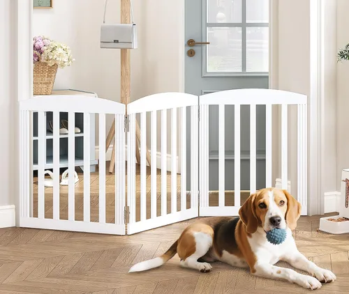 Vista 2 de SPIRICH Puerta para perros interior, Puertas para perros para puertas, escaleras, la casa, puerta plegable para mascotas de madera independiente
