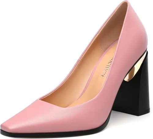 Vista 28 de Tacones altos para mujer, zapatos de vestir de tacón grueso con puntera cuadrada cerrada de patente, tacones elegantes, zapatos de vestir diarios
