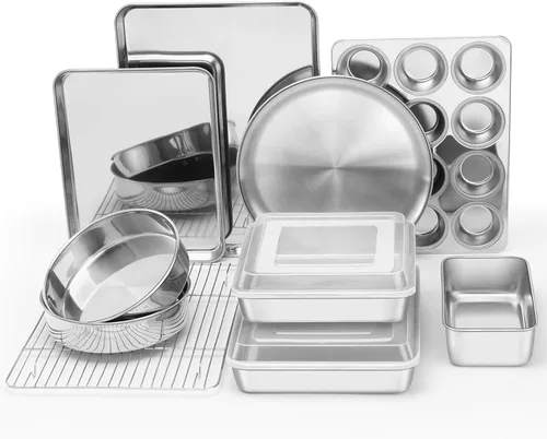 Vista 9 de E-far Juego de 9 moldes para hornear de acero inoxidable, juego de 9 piezas para panecillos de galletas, incluye bandeja redonda y cuadrada