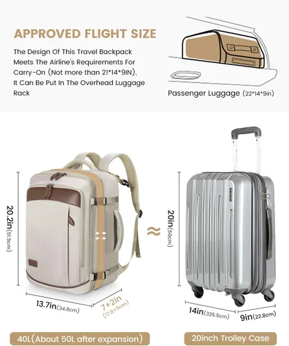 Vista 2 de LOVEVOOK Mochila de transporte grande de 45 litros para mujeres y hombres, aprobada por aerolíneas, mochilas de maleta grande expandible con 4 cubos