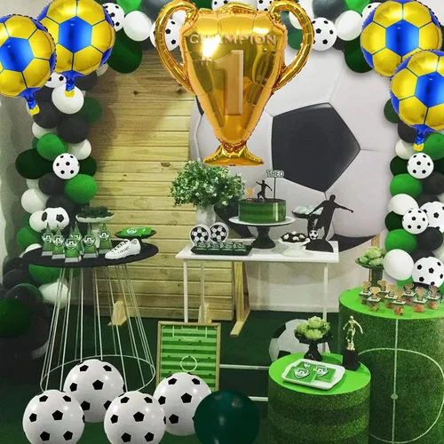 Vista 7 de Juego de 6 globos de fiesta de fútbol, globo de trofeo de campeonato y globos de aluminio de fútbol amarillo azul para cumpleaños, baby shower