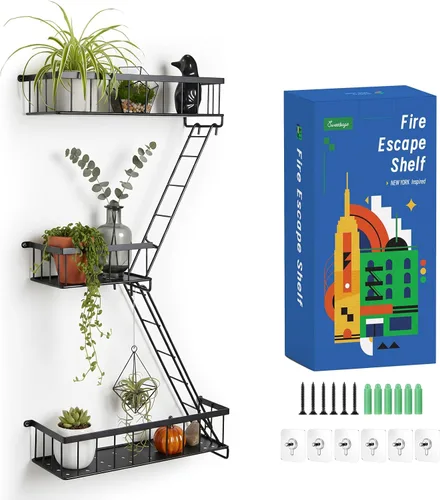 Vista 9 de SweetSage Estante de Pared para Salida de Emergencia - Estante Decorativo de Escalera de Nueva York, Estante Flotante de Arte de Pared en Metal Negro