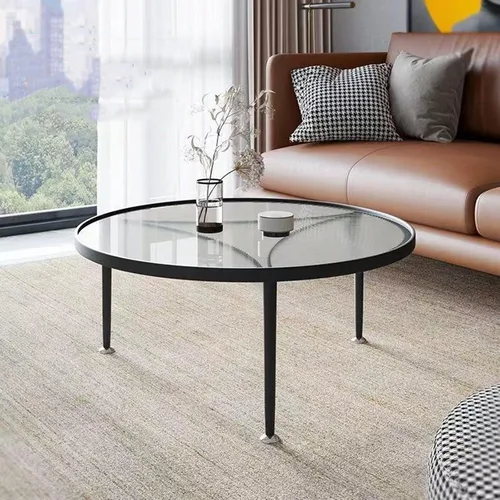 Vista 7 de Furniture Coffee Table - with Inset Tempered Glass Top and Metal Frame & Legs - Low Circle Minimalist Center Table Home Decor, Tea/Sofa/End Round