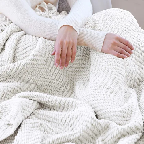Vista 3 de Manta de punto suave con textura para sofá, manta de tweed crema con borlas de flecos para decoración del hogar, cama, sofá, silla, 50 x 60 Blanco