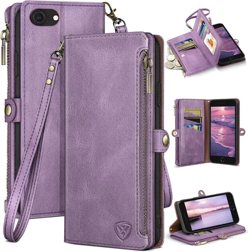 Vista 15 de XcaseBar Compatible con iPhone SE 3rd/7/8 Funda tipo cartera con cremallera y tarjetero de crédito [bloqueo RFID], funda de piel sintética con tapa