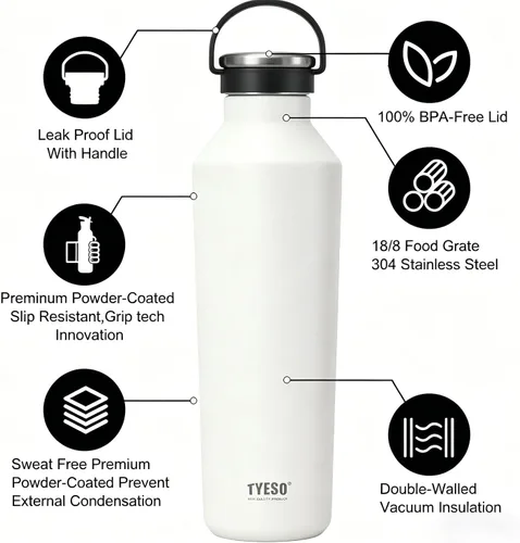Vista 6 de TYESO Botella de agua de acero inoxidable aislada al vacío, botella de agua aislada con asa de transporte de silicona suave (blanco, 17 onzas)