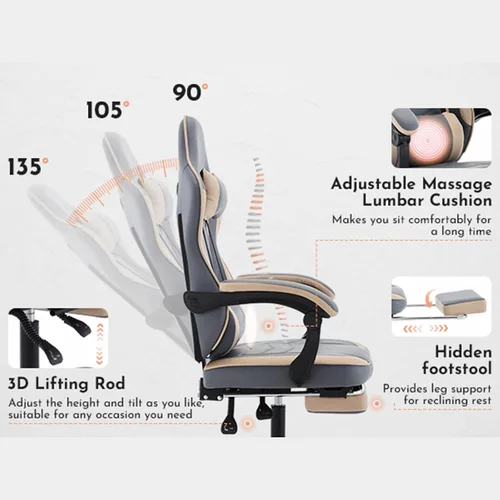 Vista 6 de Silla ergonómica de cuero para juegos con reposapiés, cómoda silla de juegos beige con cómodo reposacabezas y soporte lumbar para adultos, niños
