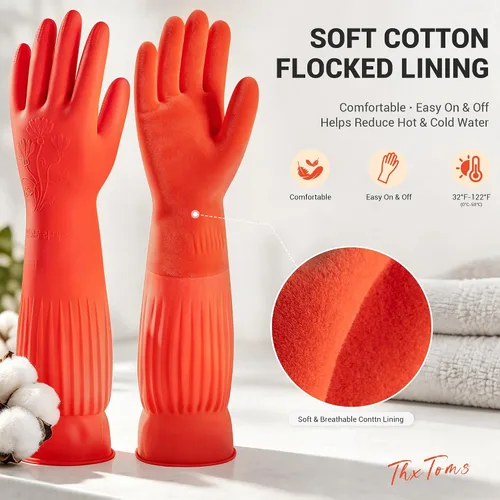 Vista 3 de ThxToms Guantes de goma para limpieza de platos (2 pares), forro polar suave, reutilizables, impermeables, con puño extra largo y agarre