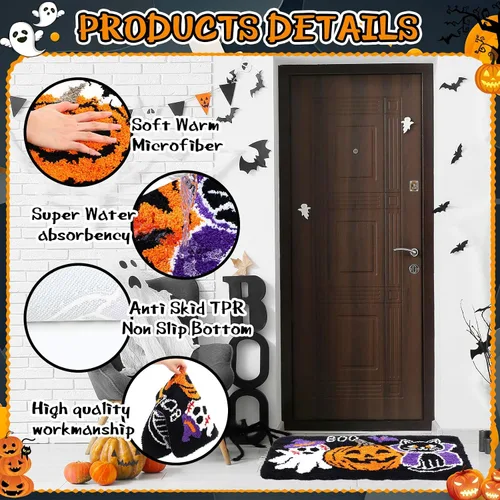 Vista 3 de Breling Juego de 3 piezas de alfombras de baño de Halloween, calabaza, antideslizante, lavable, alfombra de fantasmas, negra y púrpura, cubierta