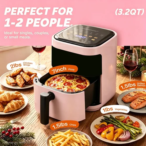 Vista 2 de 3.2QT Small Air Fryer, Mini Pink Air Fryers with Touchscreen