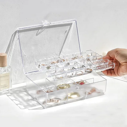Vista 2 de Organizador de joyas de 2 capas para mujer organizador de aretes bandeja organizadora de viaje pequeña caja acrílica para pulseras aretes anillos