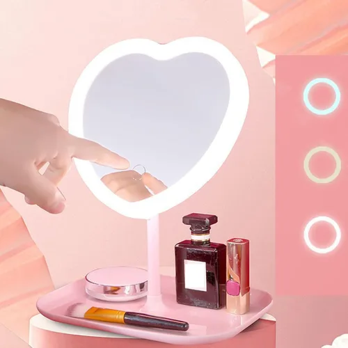 Vista 7 de Espejo de tocador de maquillaje de corazón con luces LED, luces de control táctil, brillo ajustable, espejo de tocador iluminado con carga USB