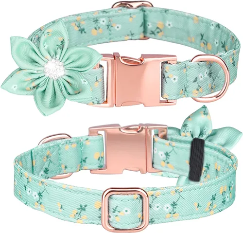 Vista 8 de Collar de cachorro con patrón floral, bonito collar de perro con flor de diamantes de imitación desmontable para perras (S, azul)