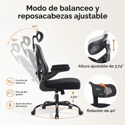 Vista 4 de Silla ergonómica de oficina, silla de escritorio de malla, color Negro