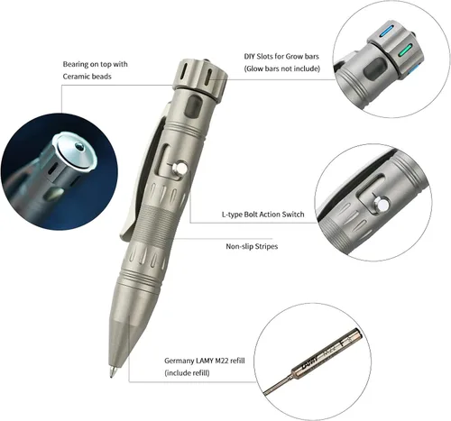 Vista 6 de MecArmy TPX10 Mini bolígrafo táctico de acción de perno de titanio con repuesto reemplazable, pequeño bolígrafo táctico EDC con cola giratoria