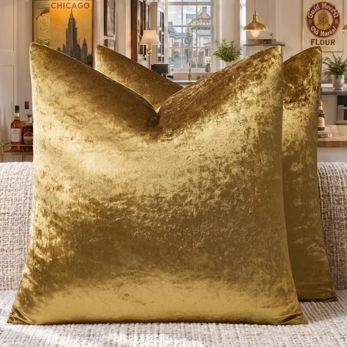 Vista 6 de GIGIZAZA Fundas de almohada decorativas de terciopelo dorado 20x20 para sofá cama, juego de 2 fundas de almohada suaves Almohadas para sofá, tela