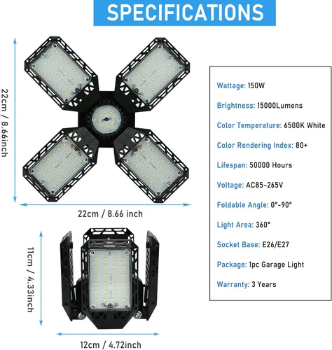 Vista 2 de Luz LED para garaje, 150 W, techo de garaje deformable, 15000 lm, 4 paneles ajustables, luces de tienda E26/E27 para sótano, granero, taller, luz